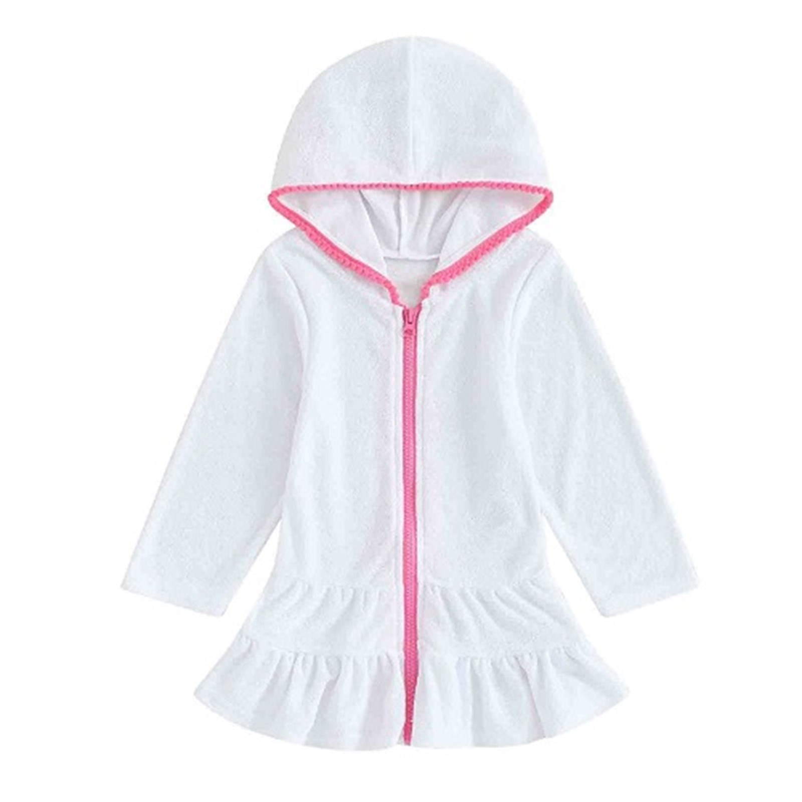 Odeerbi Toddler Girls Swimsuit Cover Up Hooded Bikini Coverups Fashion Solid Color Zipper Cover Up Dress Long Robe Long Sleeve Beach Skirt Toddler Clothes White